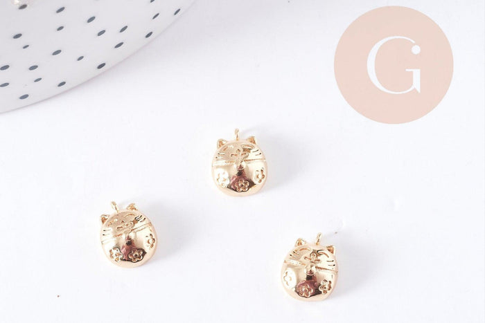 Pendentif tête de chat porte-bonheur laiton doré 18K 11mm, x1 (G9016)