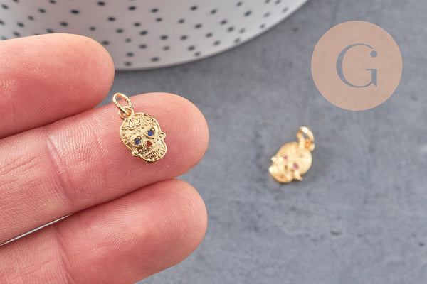 Pendentif tête de mort laiton doré zircons, pendentif sans nickel, pendentif laiton doré,12.5mm, x1 (G5428)
