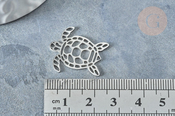 Pendentif tortue argenté acier inoxydable 24mm, acier inoxydable, x1 G7615