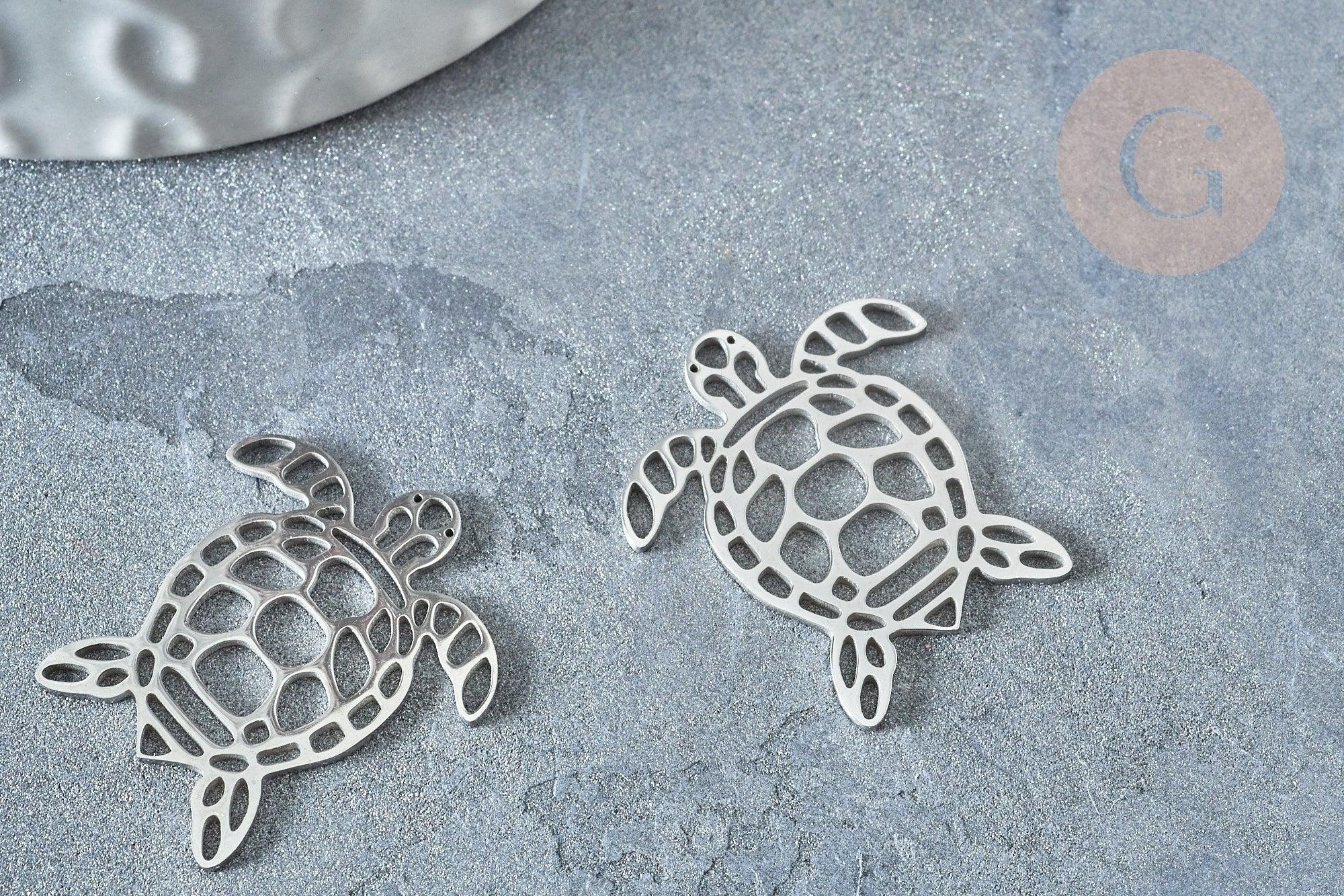 Pendentif tortue argenté acier 201 inoxydable 24mm, x1 (G7615)