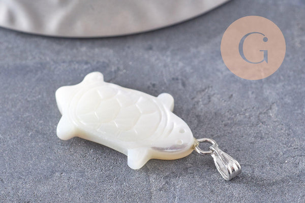 Pendentif tortue nacre blanche naturelle laiton platine 26-27mm, création bijoux coquillage blanc, x1 (G9919)