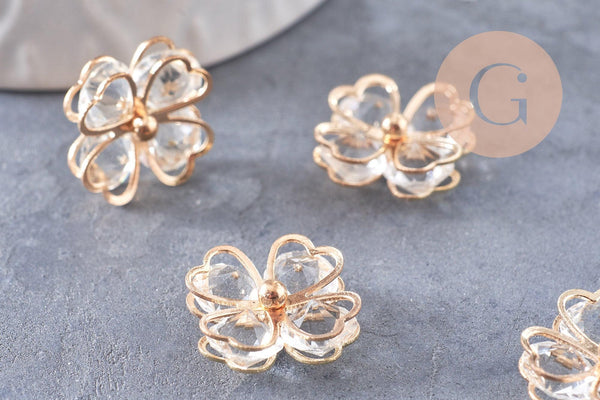 Pendentif trèfle 4 feuilles zamac doré zircons 18mm, x2 (G10415)