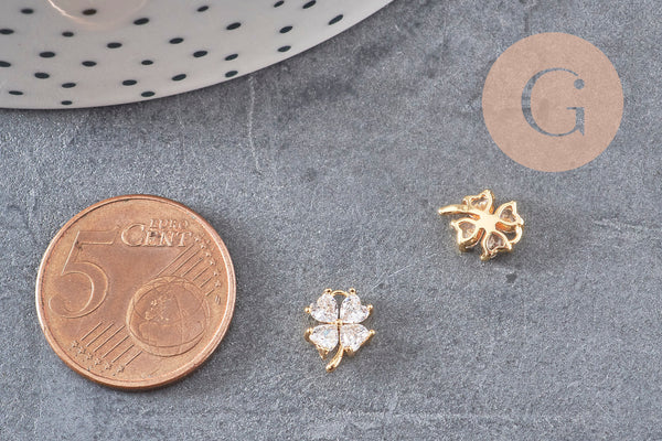 Pendentif trèfle quatre feuilles laiton doré 18K et zircons colorés,breloque laiton feuille, bijoux doré chance,9mm, x1 (G4460)