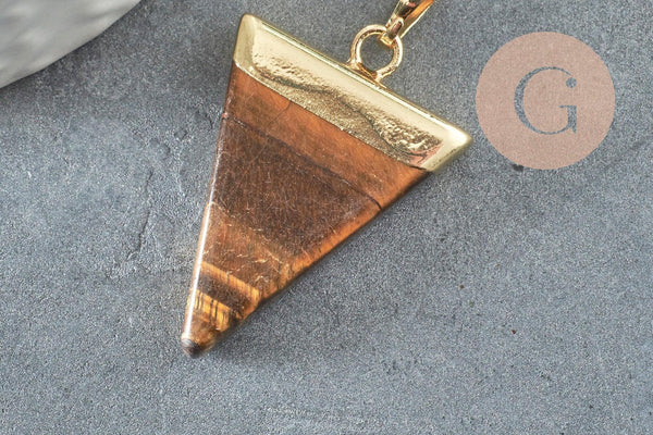 Pendentif triangle oeil de tigre naturel laiton doré 30-40mm, x1 (G5213)