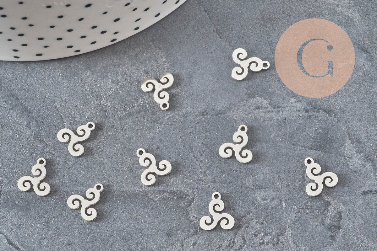 Pendentif triskel acier 304 inoxydable platine 10mm, x1 (G11377)-Breloques et pendentifs-Gingerlily Perles
