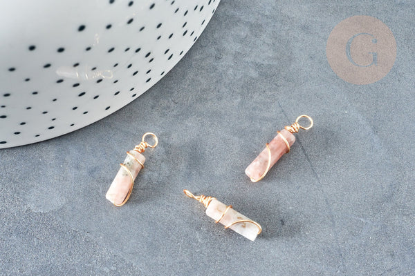 Pendentif tube Jade naturel marron support cuivre doré 20~21x5mm, pendentif pierre, x1 (G8335)