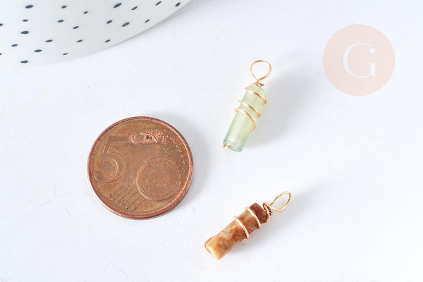 Pendentif tube Jade naturel multicolore support cuivre doré 20~21x5mm, pendentif pierre, x1 (G8396)