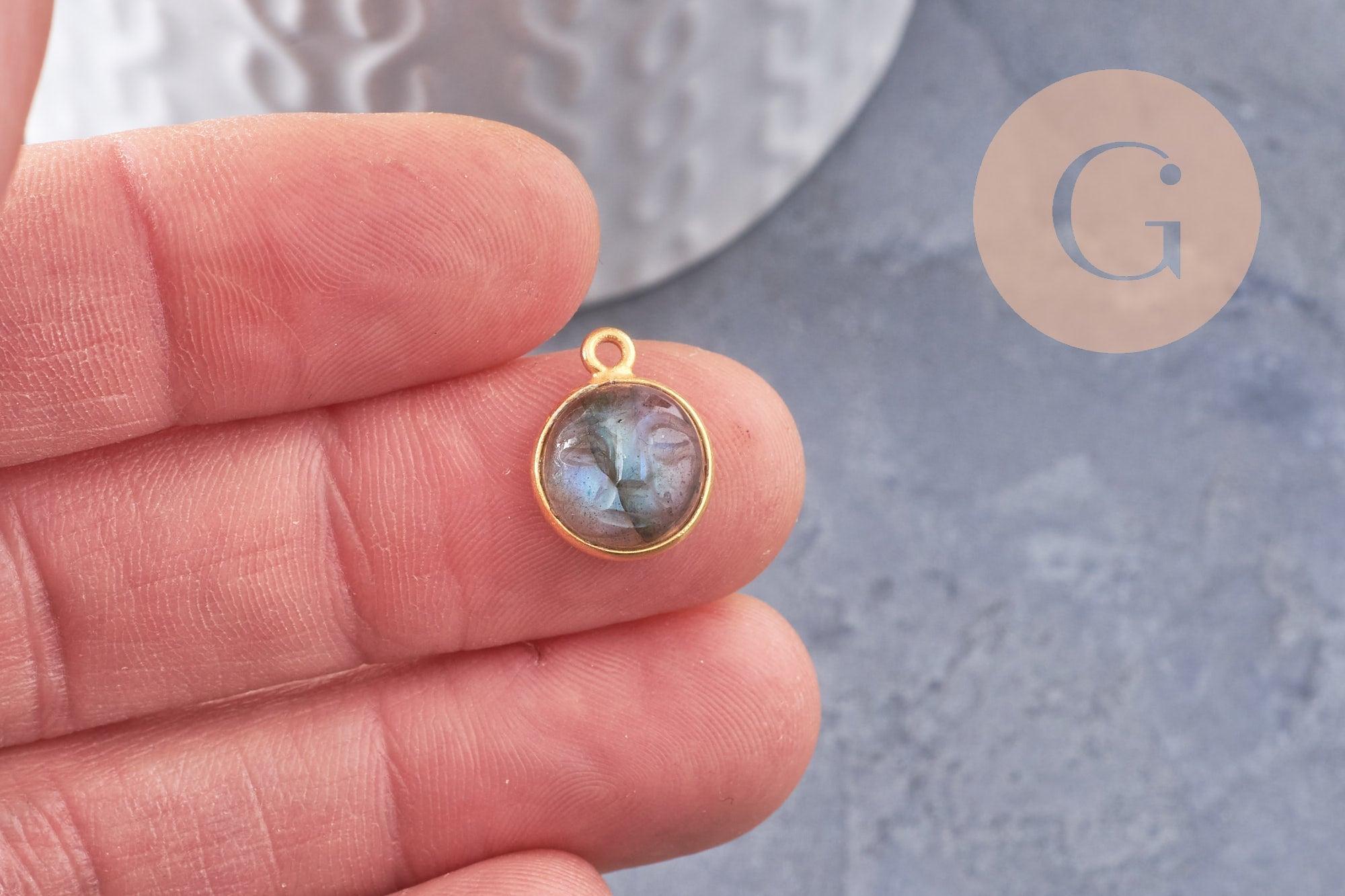 Pendentif visage de lune labradorite naturelle argent 925 doré 18K 19mm, pendentif amulette pierre naturelle x1 (G9877)