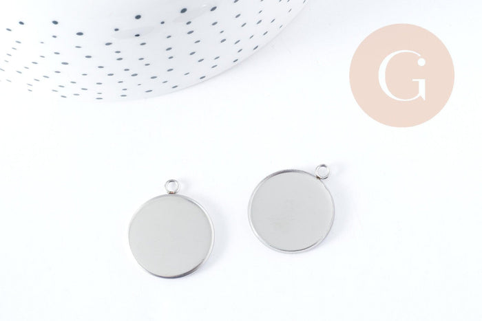 Pendentifs Support cabochon rond acier 304 inoxydable platine 25mm, x1 (G8939)