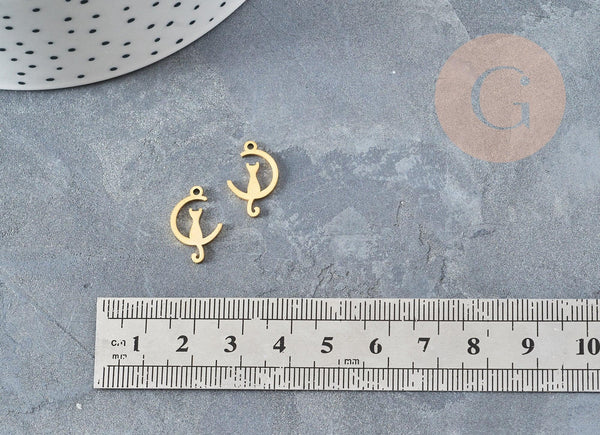 Pendentifs chat en acier 201 doré inoxydable 17.5mm, croissant de lune en forme de chat, création bijou acier doré x1 G4832