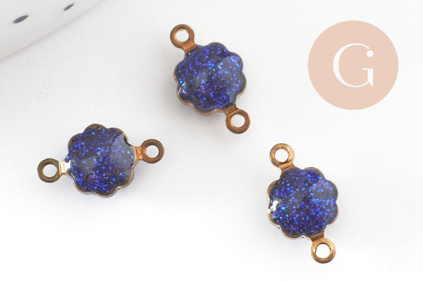 Pendentifs doré Fleur émail bleu paillettes pour création bijoux,9mm, x10 G4303