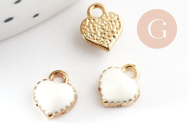 Pendentifs doré cœur émail blanc, pendentif coeur,fournitures créatives, métal doré, pendentif amour, 8mm, x10 G1885