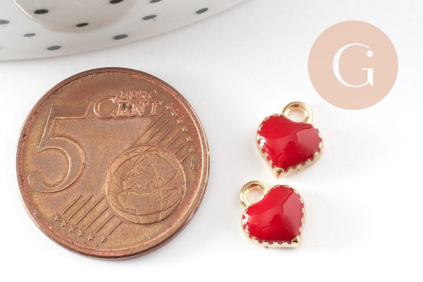 Pendentifs doré cœur émail rouge, pendentif coeur, métal doré, pendentif amour,8mm, x10 G4617