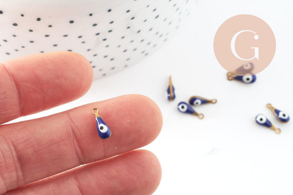 Pendentifs doré goutte Fleur émail bleu foncé, mauvais oeil, laiton doré, pendentif chance, 9mm, x10 G3560