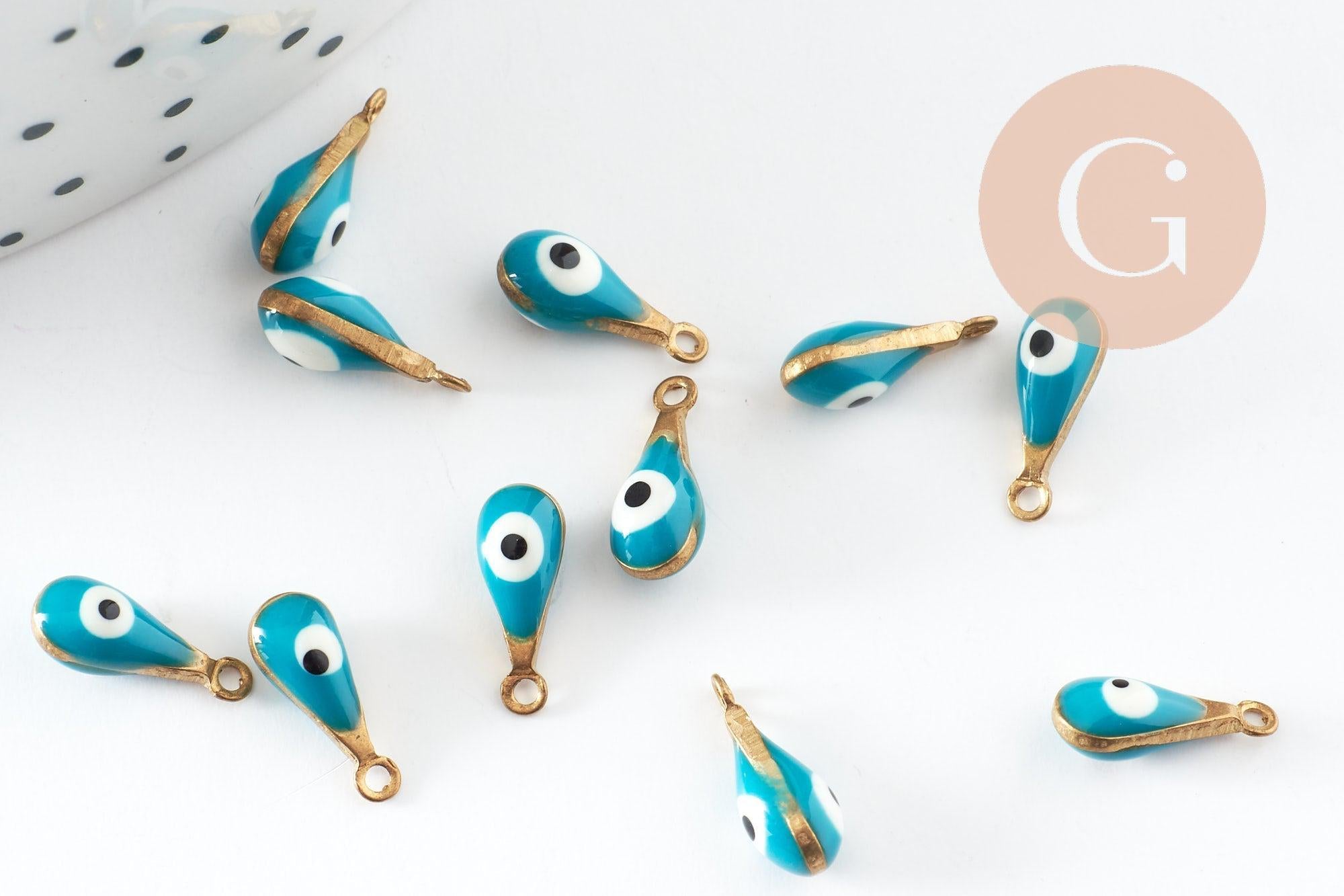 Pendentifs doré goutte émail bleu turquoise, mauvais oeil, laiton doré, pendentif chance,création bijoux,9mm, x10 G3327