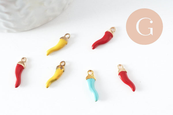 Pendentifs doré piment émail multicolore 15mm, breloque laiton doré coloré pour création bijoux, x10 (G8806)