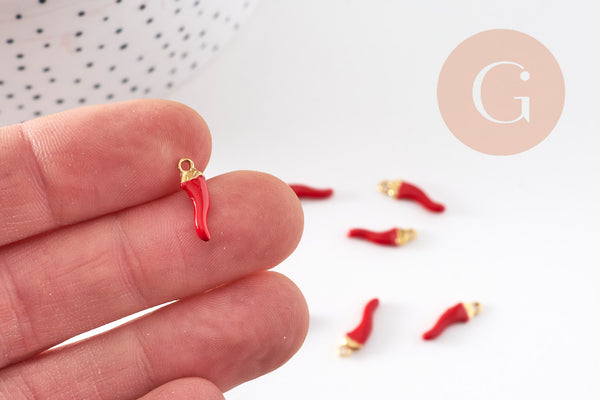 Pendentifs doré piment émail rouge 15mm,breloque laiton doré, pendentif coloré,création bijoux, x10 G2962
