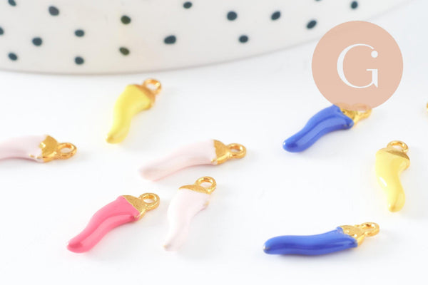 Pendentifs piment émail multicolore zamac doré 14.5mm, breloque colorée pour création bijoux, x5 (G9540)