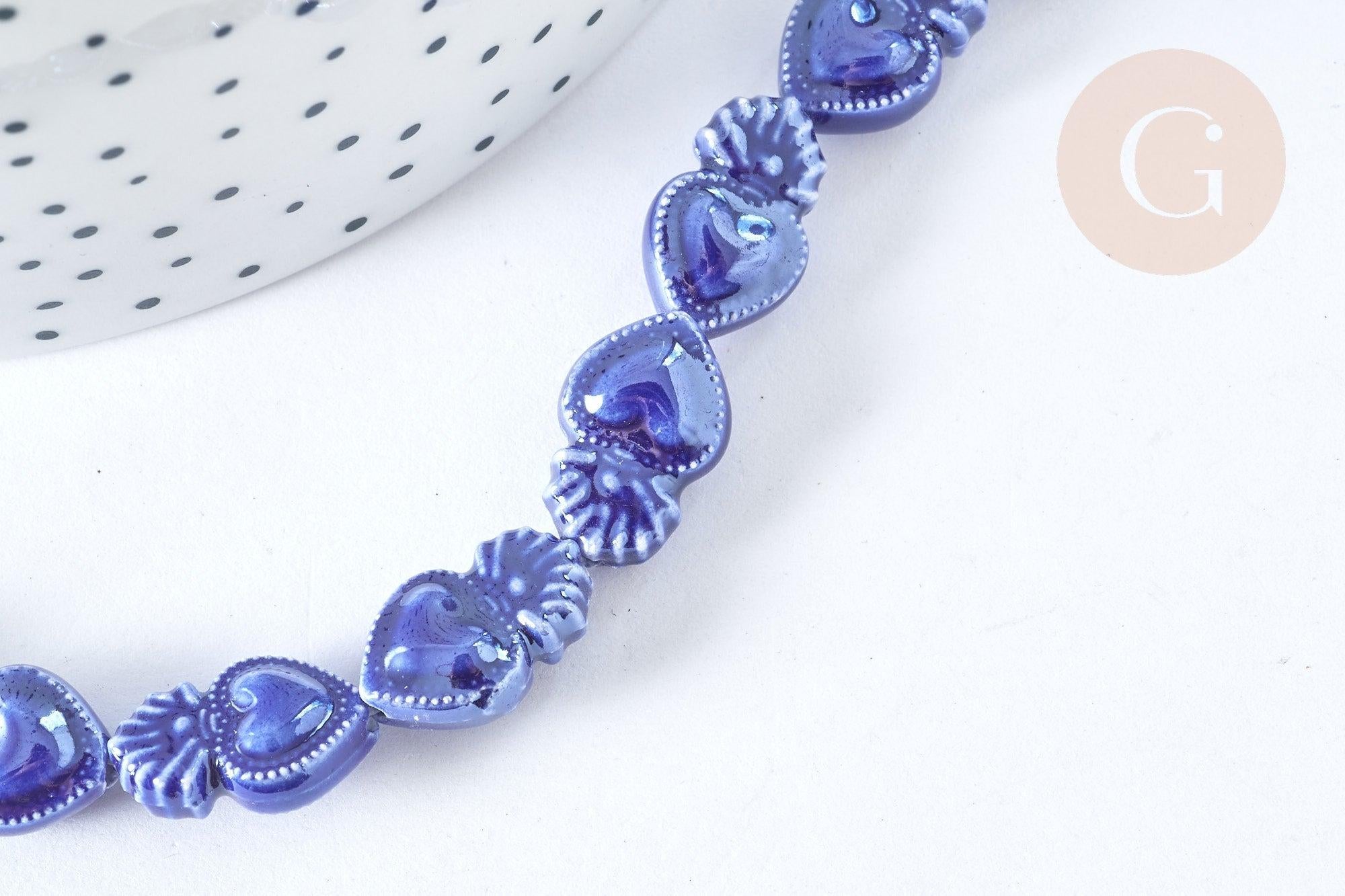 Perle Porcelaine Cœur bleu foncé irisé 15.7mm, x1 fil de 36cm (G7444)