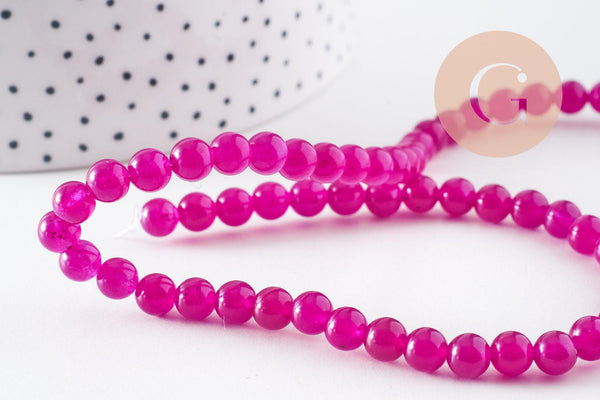 Perle Ronde Jade naturel teinté rose fuchsia 6mm, fil de 37.5cm x1 (G10196)