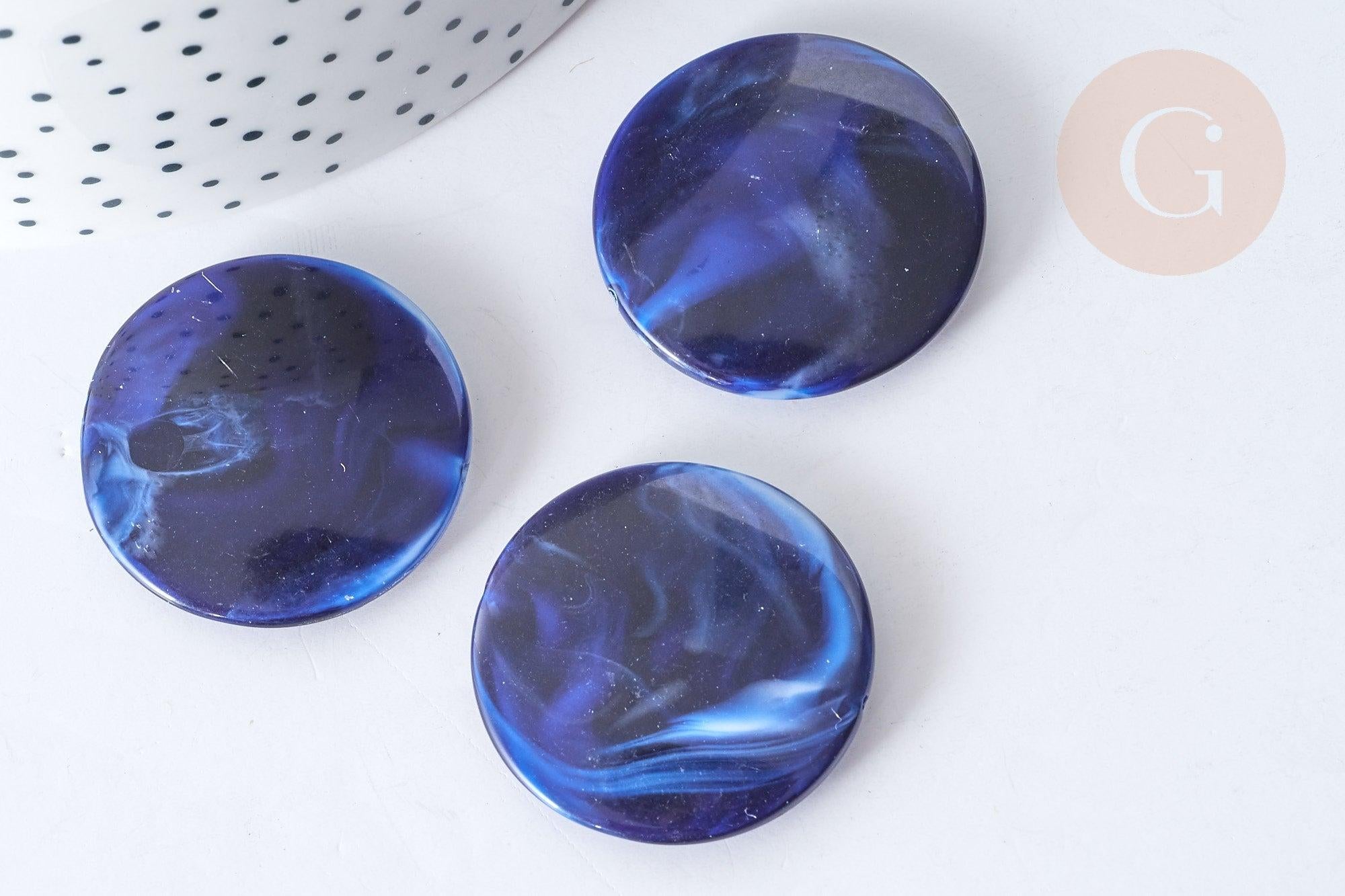Perle Ronde plate plastique acrylique bleu foncé imitation pierre 32mm, x1 (G7968)