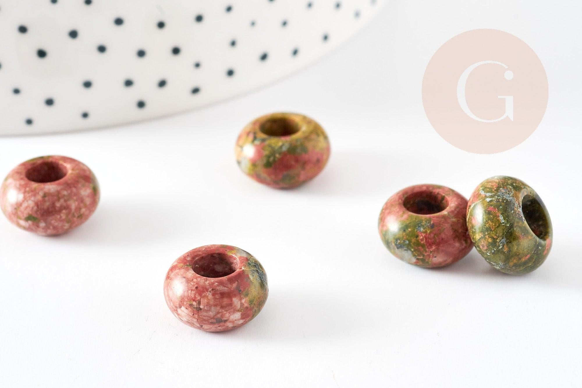 Perle Rondelle donut unakite verte naturelle 14mm, rondelle pierre pour création bijoux x2 (G9215)