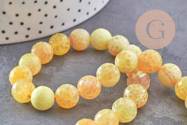 Perle agate feu rayée naturelle jaune facettée 10mm, x1 fil de 39cm (G2649)