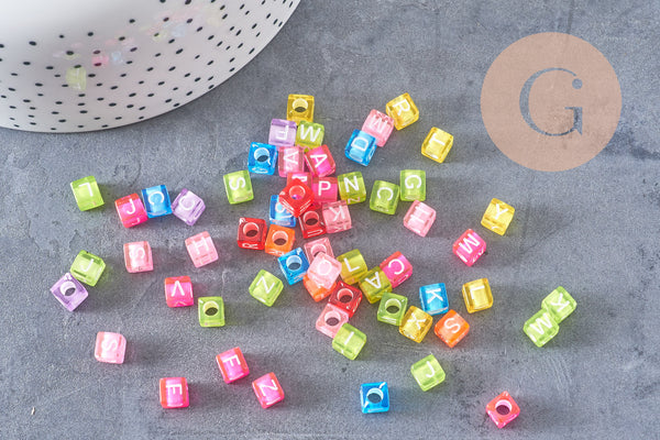 Perle carré Lettre Alphabet plastique multicolore translucide , 6mm, x10Gr (G3068)