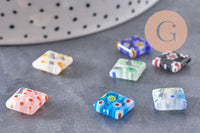 Perle carrée verre millefiori, perle verre,verre artisanal, perle bijou été, 10mm, x5 (G2614)
