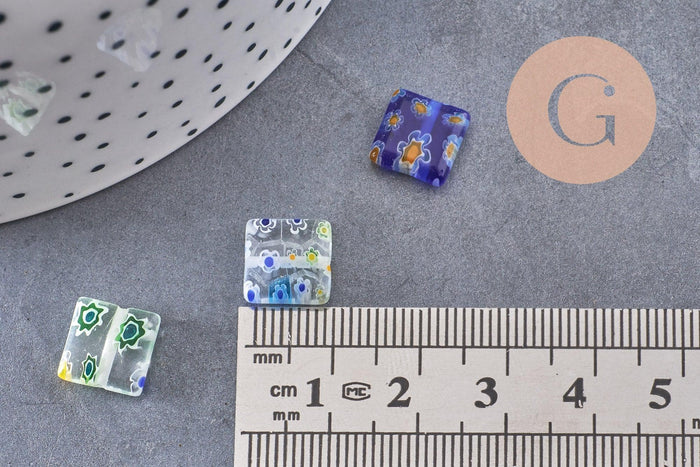 Perle carrée verre millefiori, perle verre,verre artisanal, perle bijou été, 10mm, x5 (G2614)