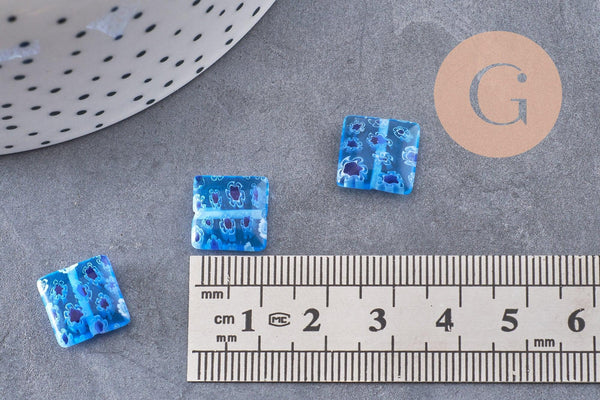 Perle carrée verre millefiori, perle verre,verre artisanal, perle bijou été,création bijoux 11mm, x5 (G5366)