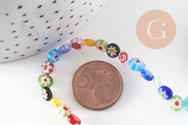 Perle cercle verre millefiori 6mm, perle verre chance, perle artisanale verre, perle bijou été, fil de 35 cm, x1 (G5384)