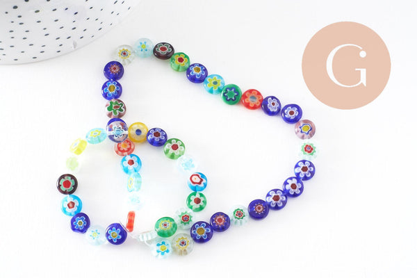 Perle cercle verre millefiori, perle verre chance, perle artisanale verre,perle bijou été, 8mm,le fil de 45 perles, x1 (G2804)