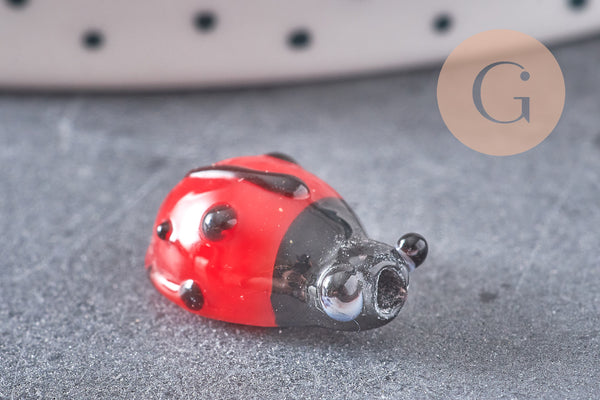 Perle coccinelle rouge verre,perle verre tchèque,insecte verre,pendentif verre,verre artisanal,25mm, fil de 20 perles, x1 G4232