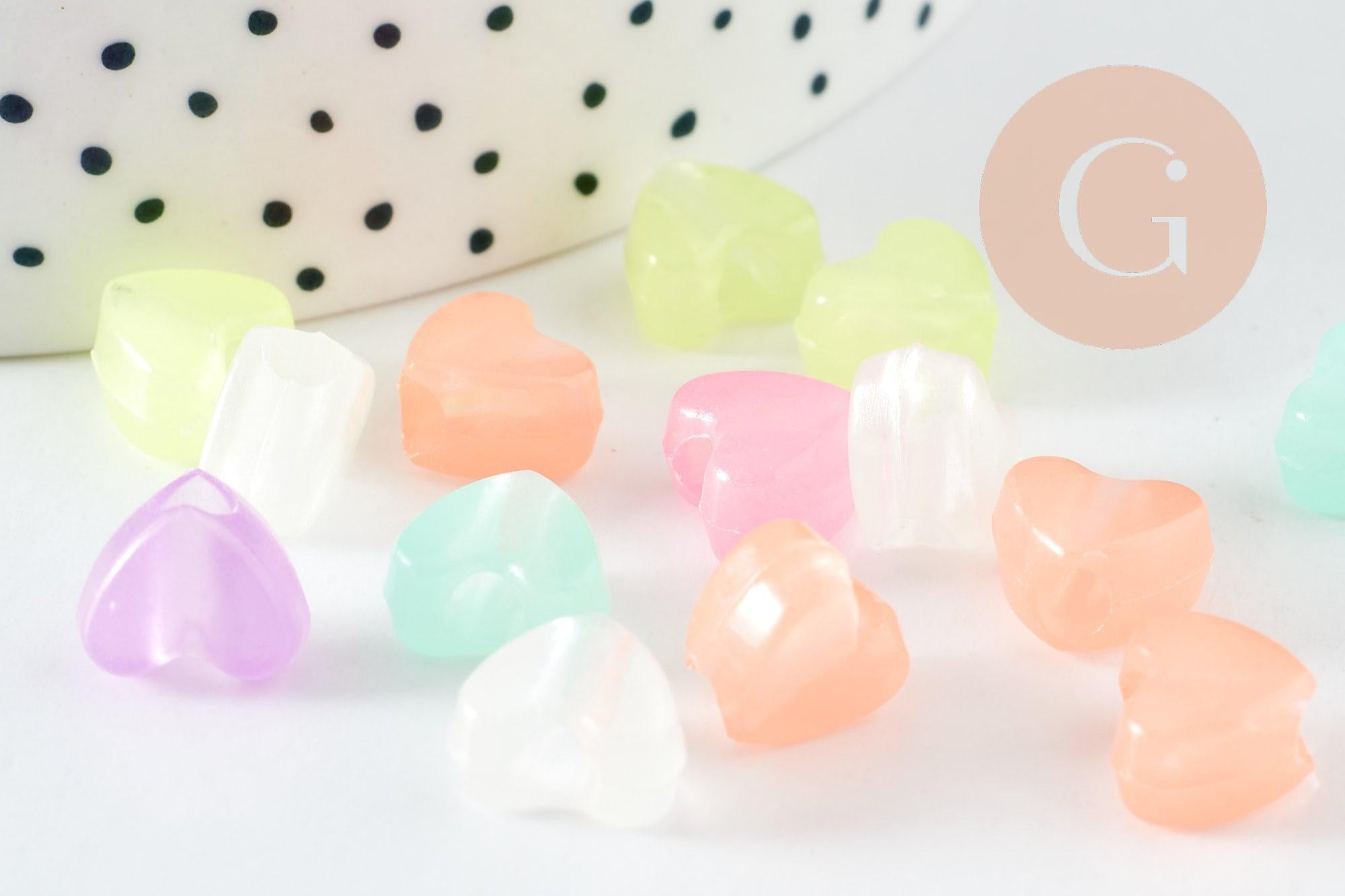 Perle coeur plastique acrylique multicolore plastel phosphorescent 12mm, x20 (G9359)