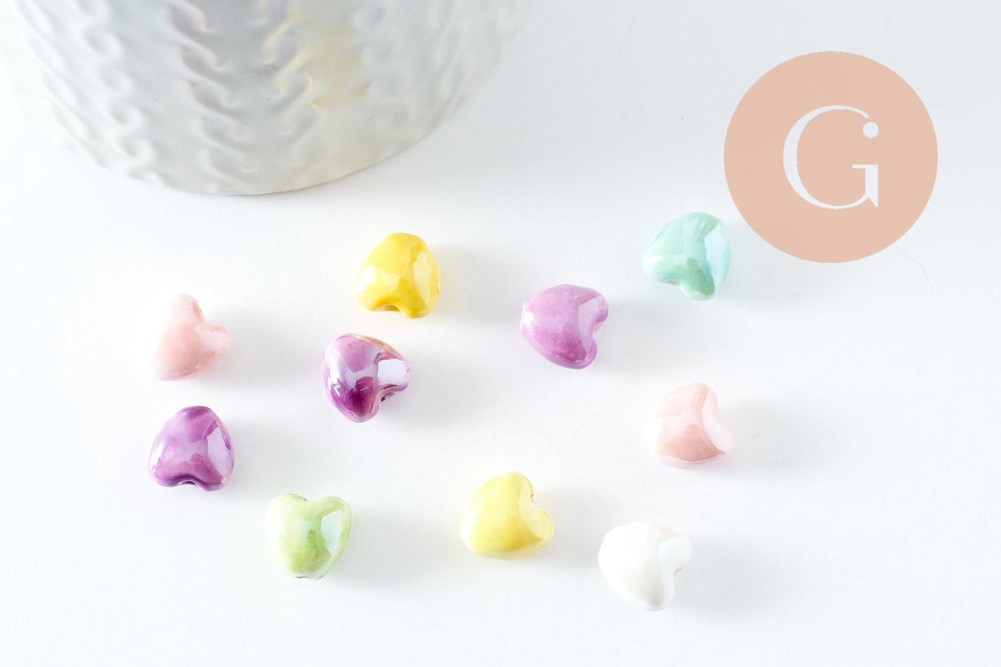 Perle coeur porcelaine multicolore irisé 12mm, x5 (G9772)