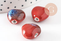 Perle coeur porcelaine rouge-bleu 14-15mm, perle céramique, fabrication bijoux amour et amitié x5 (G9349)