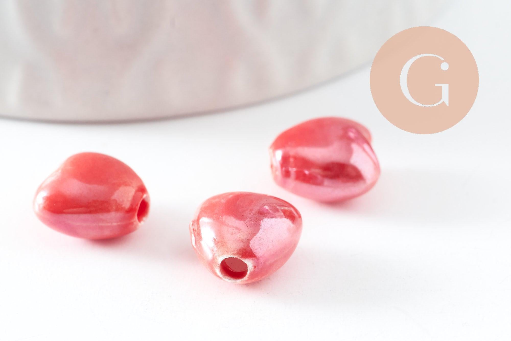 Perle coeur porcelaine rouge irisé 12mm, x5 (G9773)