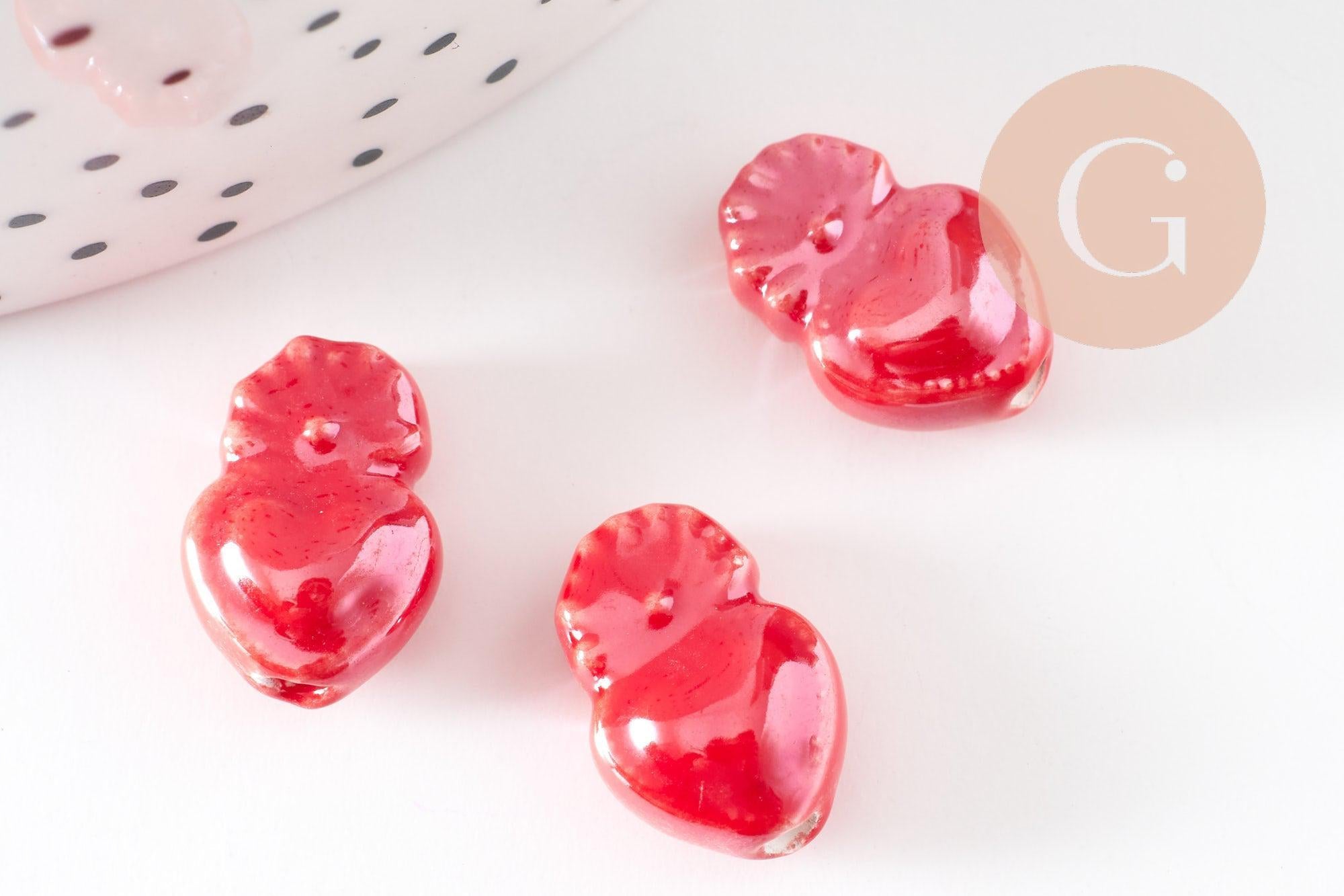 Perle coeur porcelaine rouge irisé 16mm, perle céramique, fabrication bijoux, x10 (G9347)