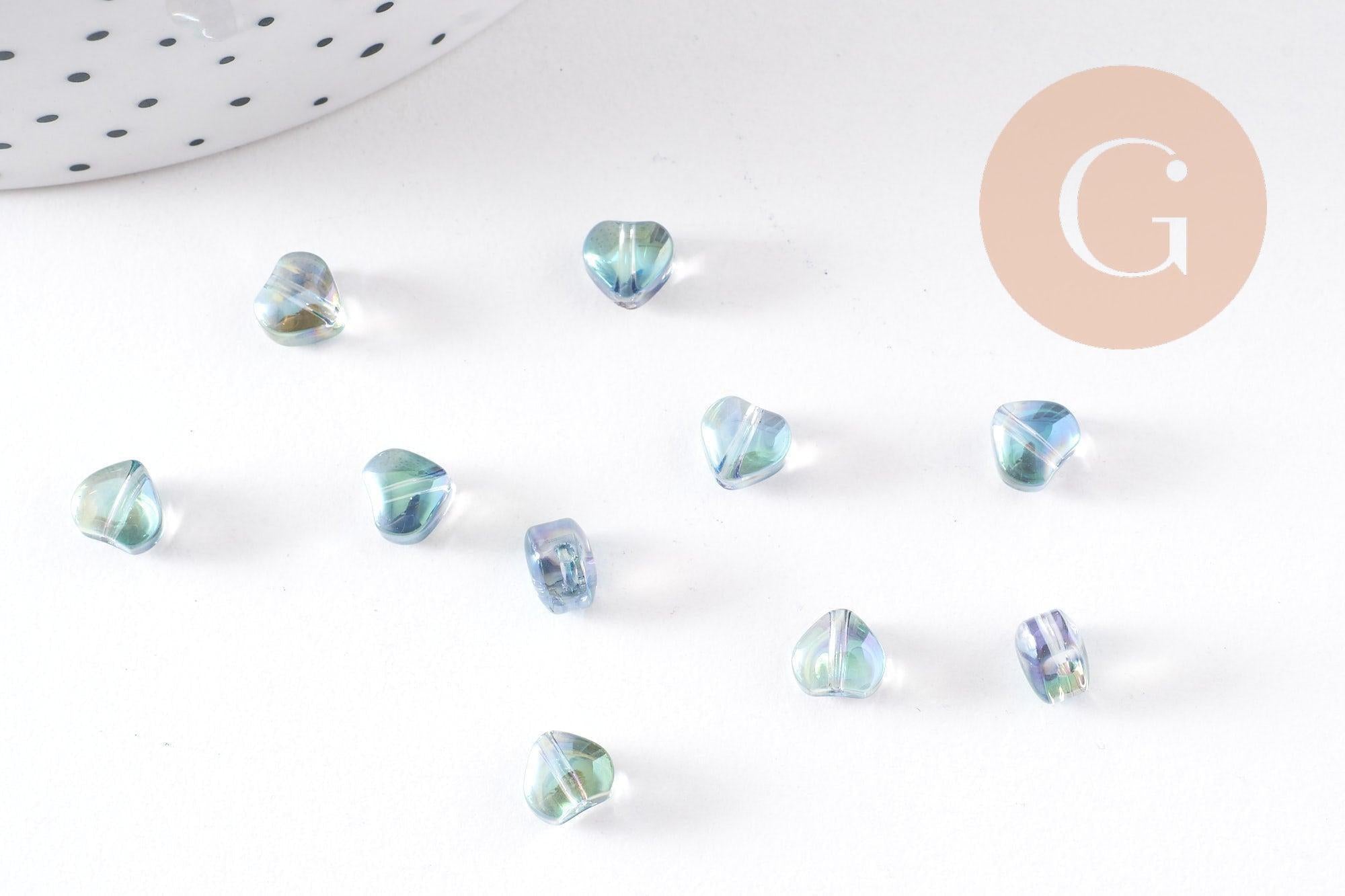 Perle coeur verre bleu irisé 6mm, des perles en verre pour création bijoux, x10 (G6249)