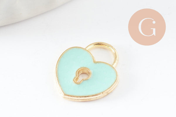 Perle coeur zamac doré cadenas émail vert 13x11mm, création bijou amour amitié x5 G5309