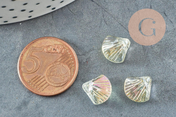 Perle coquillage verre tchèque transparent irisé 10.5mm, x10 (G4374)