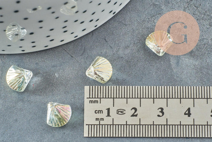 Perle coquillage verre tchèque transparent irisé 10.5mm, x10 (G4374)