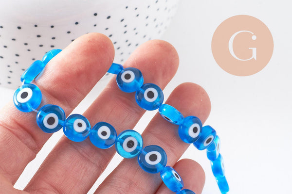 Perle disque Mauvais Oeil Grecque verre bleu, perle verre chance, perle artisanale verre, 10mm, le fil, x1 (G2121)