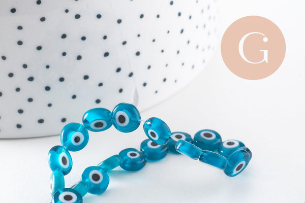 Perle disque Mauvais Oeil Grecque verre bleu turquoise,perle verre chance, perle artisanale verre, 8mm,fil de 49 perles, x1 (G4516)