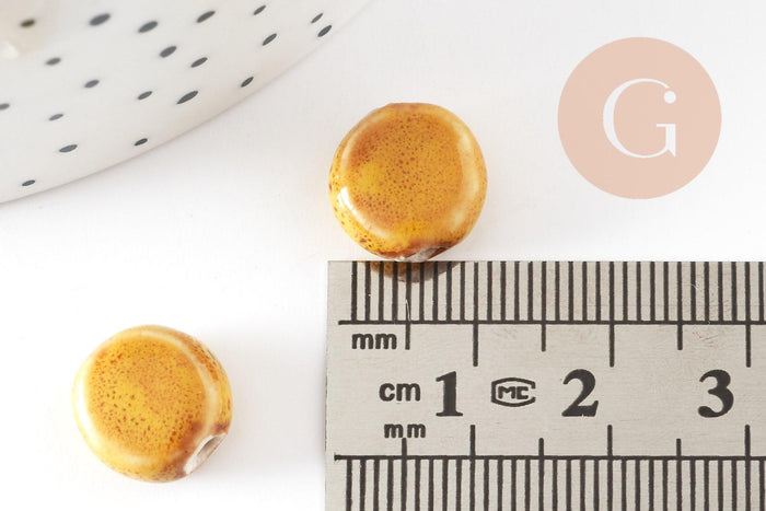 Perle disque porcelaine jaune moutarde 10-11mm, perle céramique artisanale, fabrication bijoux céramique x5 (G9345)