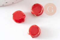 Perle disque porcelaine rouge-blanc 10-11mm, perle céramique artisanale, x5 (G9346)
