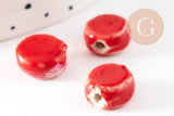 Perle disque porcelaine rouge-blanc 10-11mm, perle céramique artisanale, x5 (G9346)