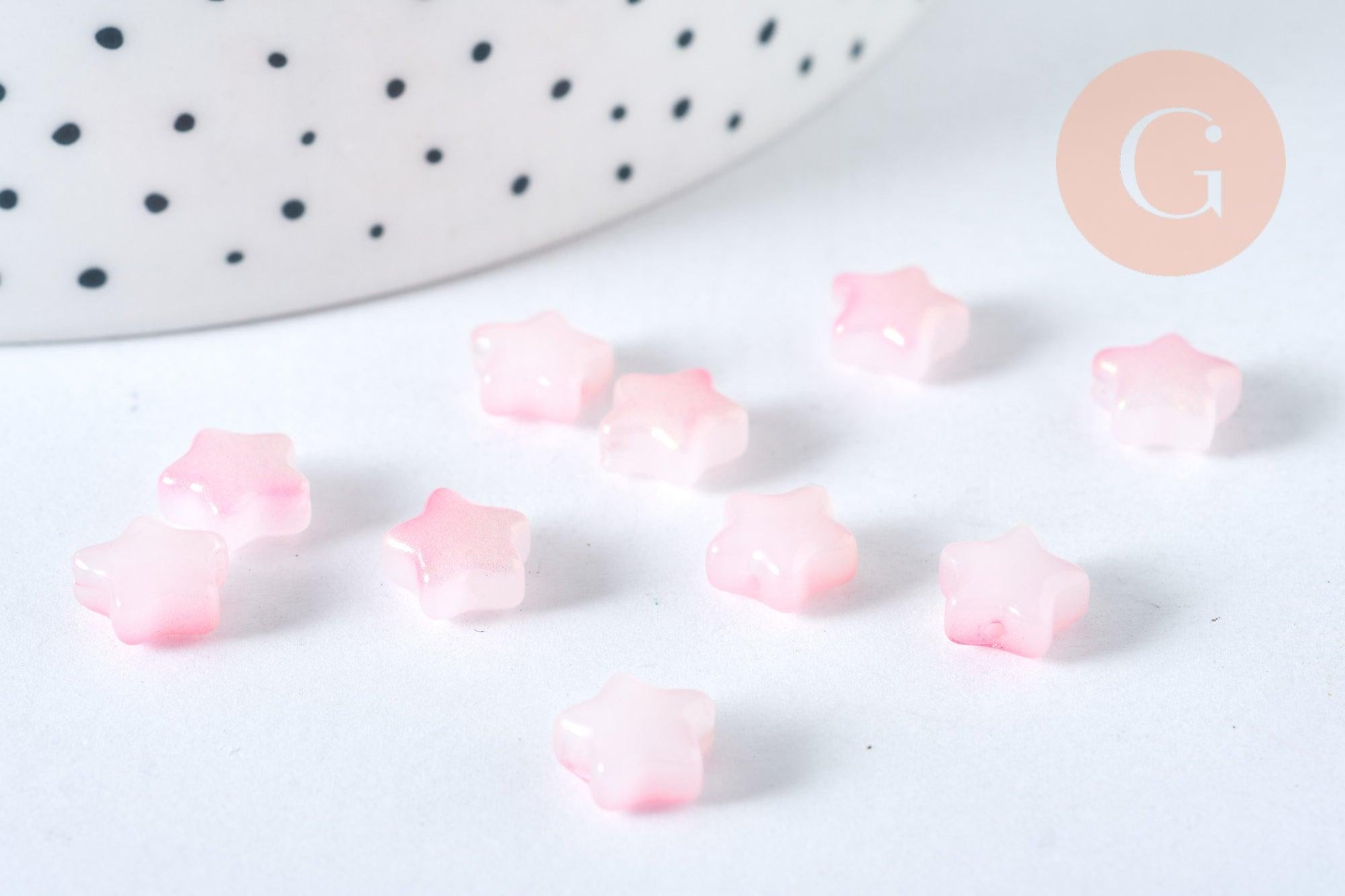 Perle étoile verre rose laiteux et poudre de paillette, perles en verre DIY, 8mm, x10, (G6822)