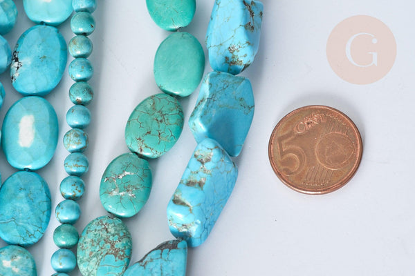 Perle goutte nuggets rondelle Howlite teintée turquoise foncé naturelle 5-30mm, x1 fil de 40cm (G8193)